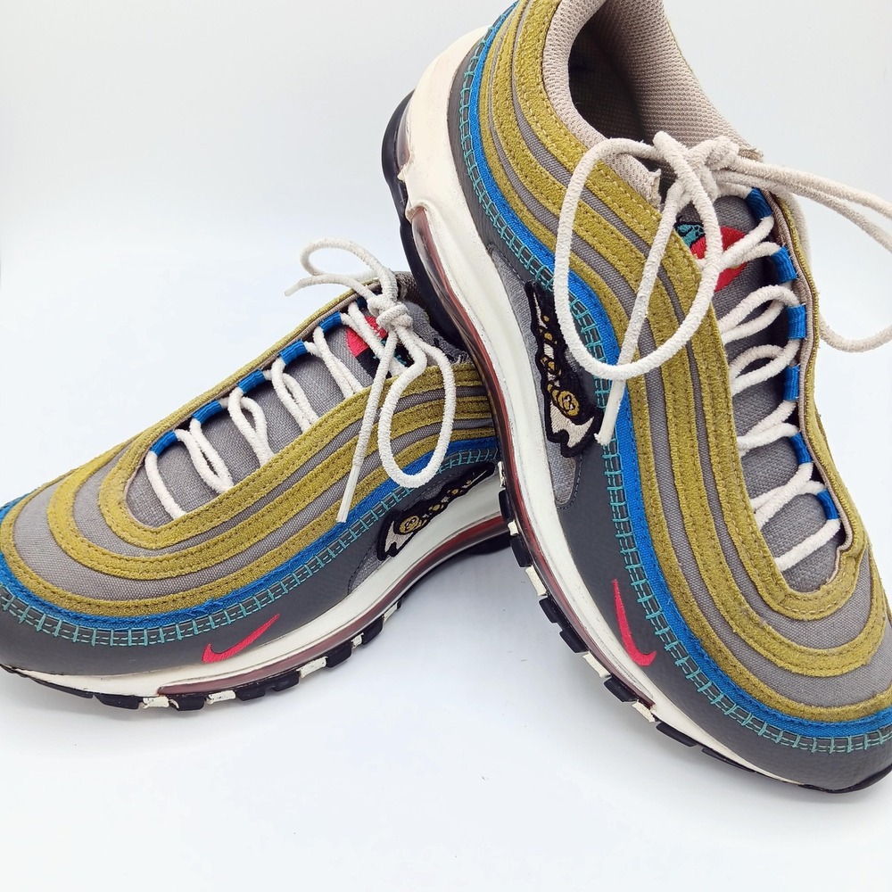 Nike Air Max 97 Air Sprung Shoes Mens Size 8 Gray Olive Blue Mushroom DH4759-001